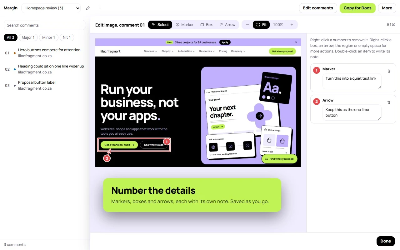 The Margin image editor with a numbered marker and a numbered arrow on a screenshot, and a note for each.