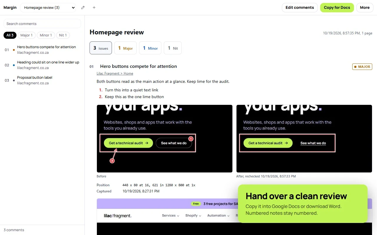 The Margin report with three issues by severity, and a before and after screenshot of the first one.