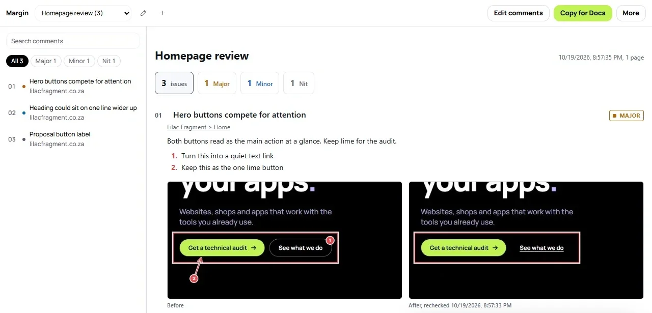 A Margin review of the Lilac Fragment home page, with one major issue and a before and after screenshot of the fix.