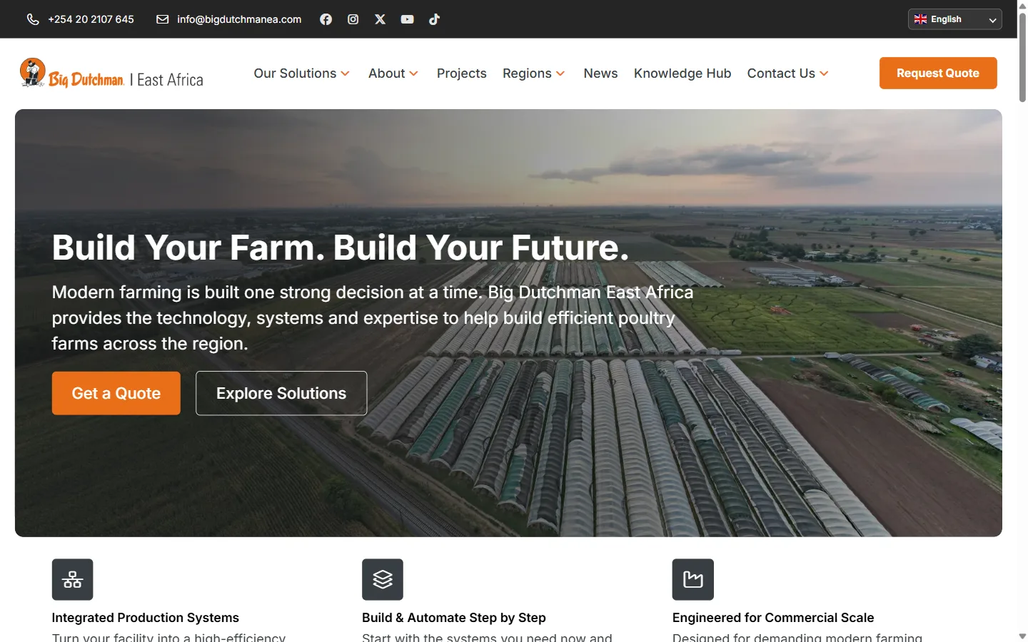 The Big Dutchman East Africa home page, with an aerial view of poultry houses behind the line Build your farm. Build your future.