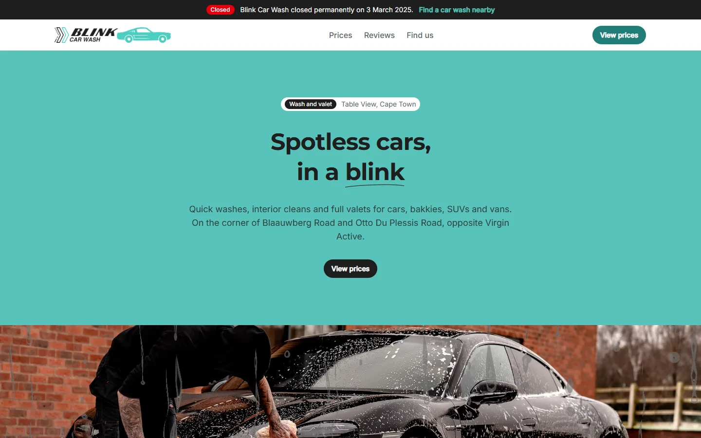 The Blink Car Wash page, with a notice that it has closed above the line Spotless cars, in a blink.